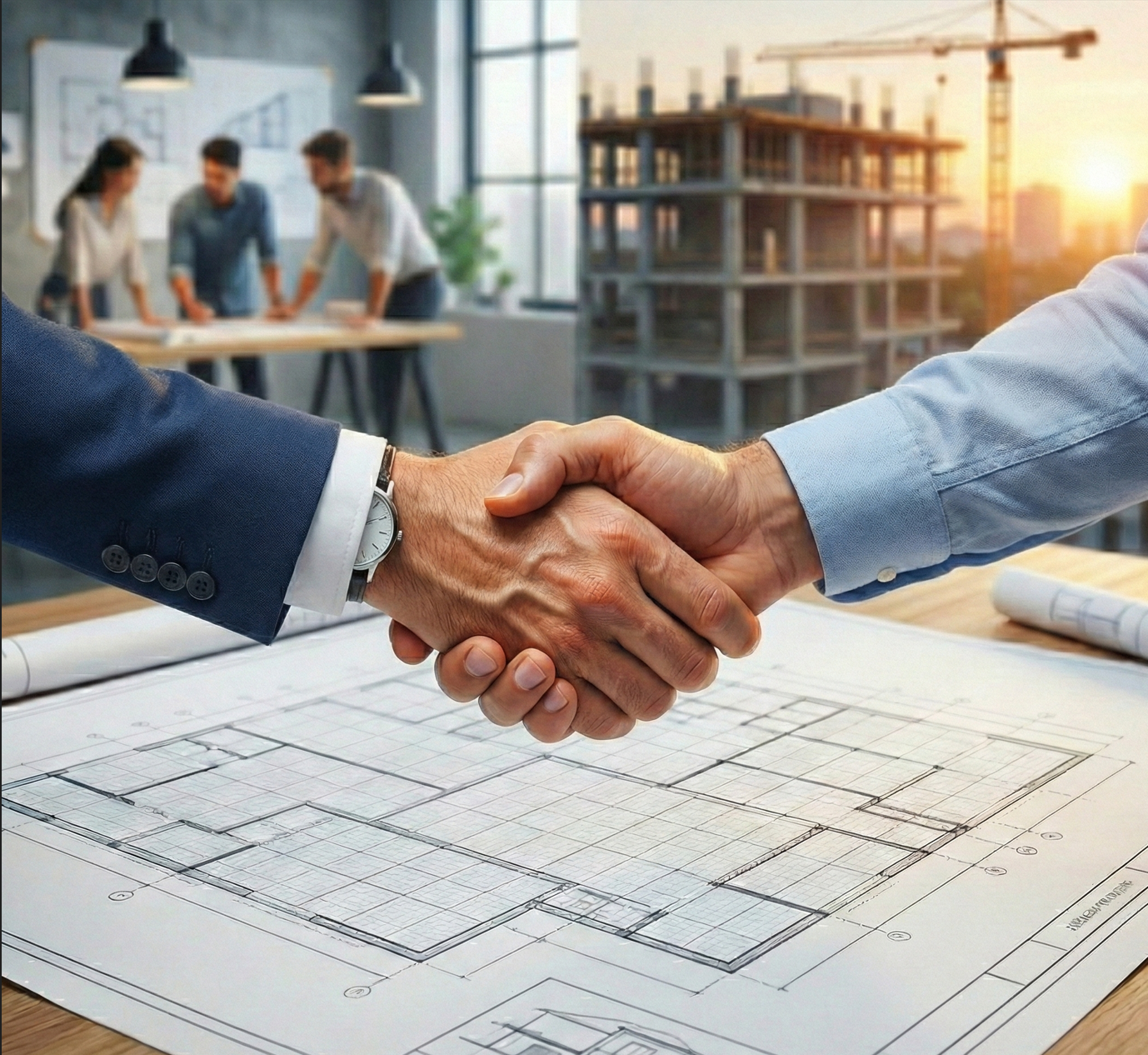 A close-up of a handshake between two professionals over architectural plans, set against a split background showing a design team in an office on the left and a construction site at sunset on the right.