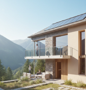 A photorealistic rendering of a modern eco-friendly home featuring roof-mounted solar panels and a facade of stone and beige stucco, set against a backdrop of forested mountains. A man stands on a glass-railed balcony overlooking the view, while two people relax on the stone patio below.